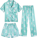 Hupohoi Unisex Girls Boys Kids Pajama Sets Button Down Satin Sleepwear Nighty 3PCS Silky Lounge Sets Nightwear
