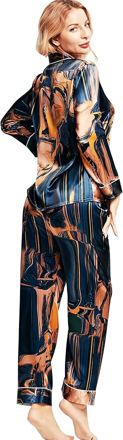 SIHA Satin Silk Pajamas for Women Pajama Set With Long Sleeve Button-Down Satin Pajamas Sleepwear XS-3XL