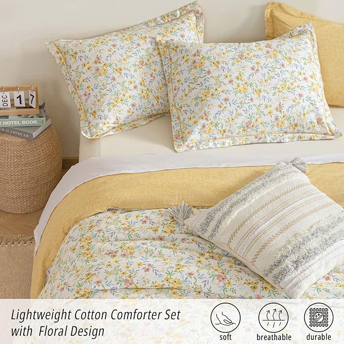 ALEISSEL Natural Cotton 3pcs Floral Comforter Sets King Size-Yellow Comforter with Pink & Yellow Flowers and Blue & Green Leaves on White, Reversible Lightweight Bedding Sets(King 104"×90")