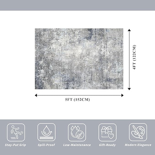 4x5 Washable Entryway Rug – Non-Slip Modern Abstract Indoor Area Rug for Bathroom Kitchen Living Room Bedroom – Low Pile Thin Soft Small Throw Carpet (Blue Grey,4x5)