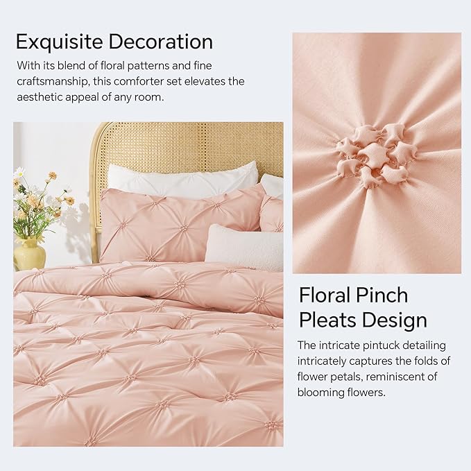 BEDELITE Dusty Pink Comforter Set Full - 3 Peices Boho Pintuck Bedding Comforter Sets, Lightweight Soft & Warm Twin Bedding Sets with 2 Pillowcase for All Season