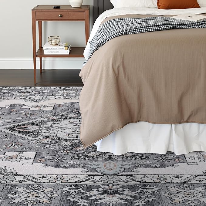 CRYPTOLITE Vintage Area Rug 5x8 Rugs, Machine Washable Vintage Area Rug Non-Slip Low Pile Large Rug for Living Room, Bedroom, Farmhouse, Dining Room, Grey
