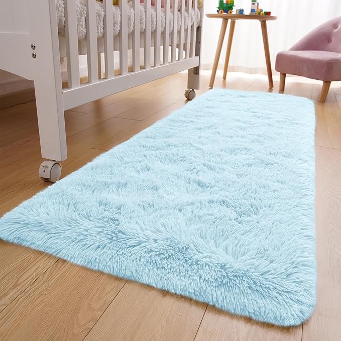 YJ.GWL Fluffy Runner Rugs for Bedroom Living Room Soft Shag Area Rug 2x6 Feet, Light Blue Rug Fuffy Carpet Non Slip for Nursery Dorm, Fuzzy Bedside Rug for Kids Room Home Decor