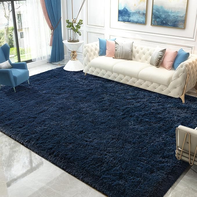 Navy Blue Area Rug 8x10 Large Rugs for Living Room Bedroom, Fluffy Soft Rug Modern Carpets for Kids Room, Non-Skid Rectangular Indoor Rug for Girls Boys Playroom Nursery Room Home Decor