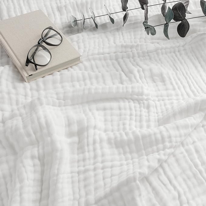 Comfy Cubs Muslin Throw Blanket - 50” x 60” Quilted Design - Lightweight, Breathable 6-Layer Gauze Fabric - Soft Cotton Blanket for Home or Travel - Packaged in Elegant Gift Box - White