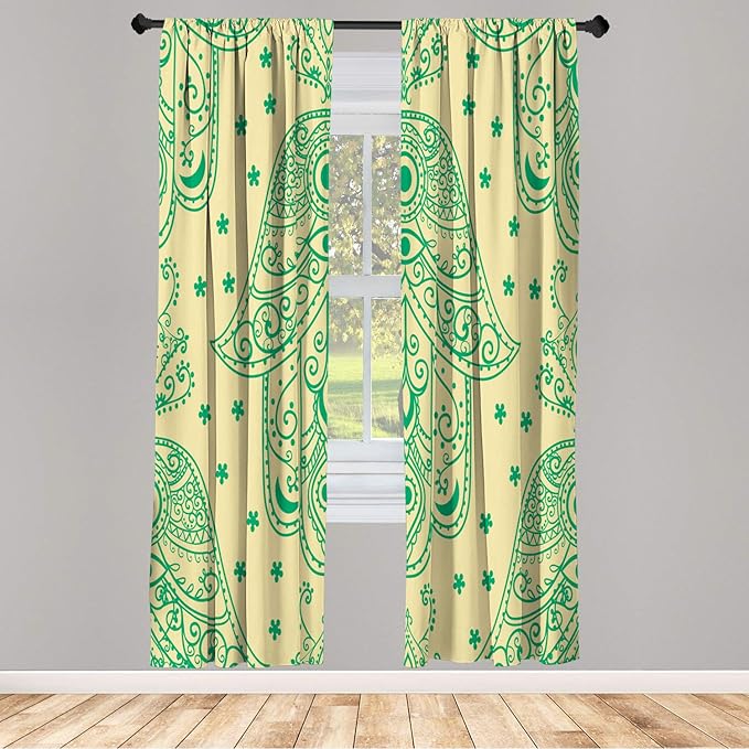 Lunarable Hamsa Window Curtains, Egyptian Boho Hand Shape Pattern Eye Design Bridal Night Inspired Art, Lightweight Decorative 2-Panel Set & Rod Pocket, Pair of - 28" x 95", Sea Green and Fern Green