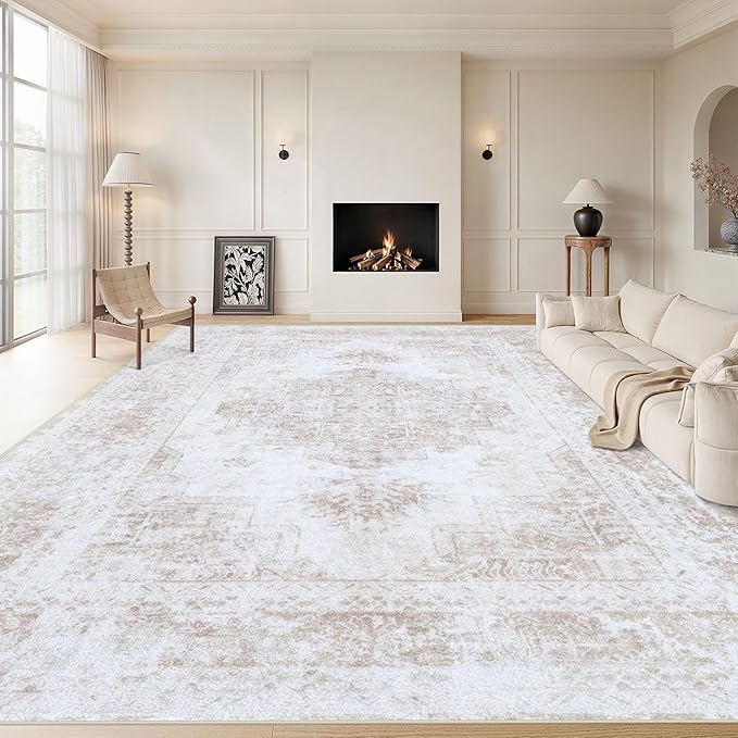 XLUEZ Area Rug 10x12 Living Room Rug, Machine Washable Vintage Distressed Medallion Rug Non-Slip Soft Low Pile Large Indoor Rugs for Bedroom Kitchen Dining Room Office(Beige,10'x12')