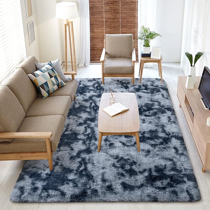 Softlife Area Rug for Living Room, Fluffy Shag Plush 6x9 Blue Rugs for Bedroom Girls Kids, Shaggy Soft Fuzzy Tie Dyed Large Carpet for Dorm Bedside Ultra Cozy Non-Slip Indoor Decor