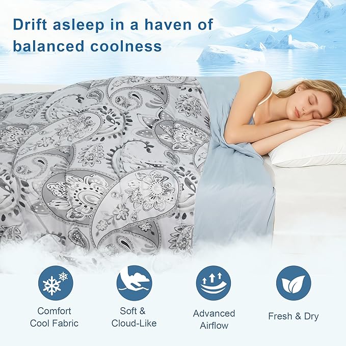 Cooling Comforter Queen Size, Cooling Blankets for Hot Sleepers, Breathable Lightweight Cold Blanket, Ultra Soft Thin Summer Bedding (Gray, Queen)