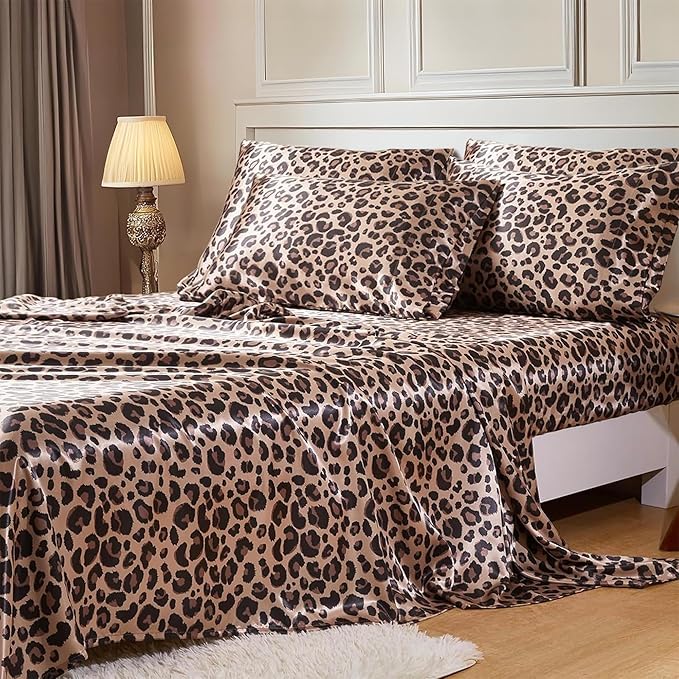 MR&HM Satin Bed Sheets with Elastic Corner Straps, Queen Size Sheets Set, 6 Pcs Silky Bedding Set with 15 Inches Deep Pocket for Mattress (Queen, Brown Leopard)