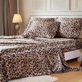 MR&HM Satin Bed Sheets with Elastic Corner Straps, Queen Size Sheets Set, 6 Pcs Silky Bedding Set with 15 Inches Deep Pocket for Mattress (Queen, Brown Leopard)
