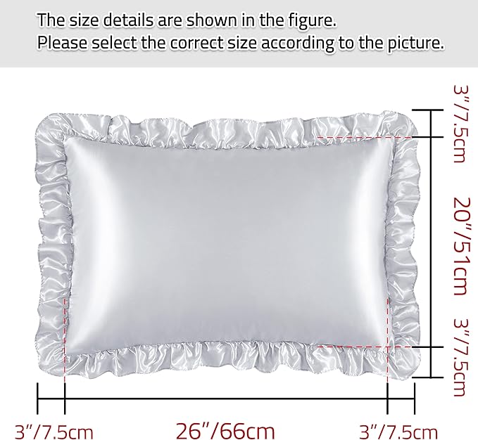 Silky Satin Ruffled Pillow Cases for Hair and Skin,Light Gray Silk Pillowcases Standard Set of 2 with Envelope Closure Princess Room Decoration