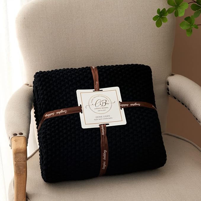 Chunky Cable Knit Throw Blanket Lightweight Black 100% Organic Cotton Blanket for Sofa Couch Bed Baby Nursery, Rustic Shabby Chic Modern Farmhouse, 60” x 80” Give Laundering Bag