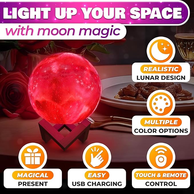 LED Galaxy Lamp 6.7" - 16 Colors, 4 Modes Mesmerizing 3D Moon Lamp with Touch & Remote Control, Wooden Stand, USB Charging - Printed Moon Night Light with Realistic Design | Party in The Dark Decor