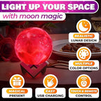 LED Galaxy Lamp 6.7" - 16 Colors, 4 Modes Mesmerizing 3D Moon Lamp with Touch & Remote Control, Wooden Stand, USB Charging - Printed Moon Night Light with Realistic Design | Party in The Dark Decor