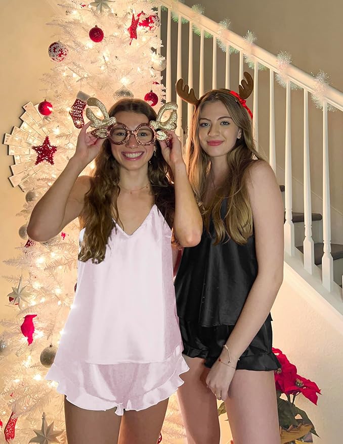 Ekouaer Satin Pajama Set for Women Silk Pjs for Women Set Camisole Top and Shorts with Ruffle Sleepwear
