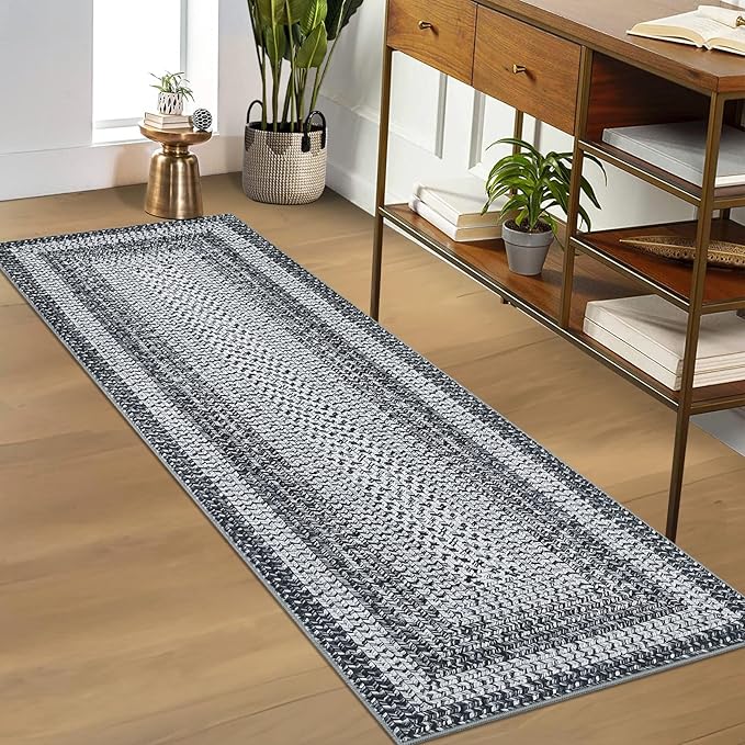 RUGSREAL Runner Rug 2x8 Machine Washable Hallway Rug Entryway Long Runner Carpet Braided Printed Throw Mat Non Slip Kitchen Runner Mat Living Room Rustic Carpet for Bedroom Dining Room, Grey