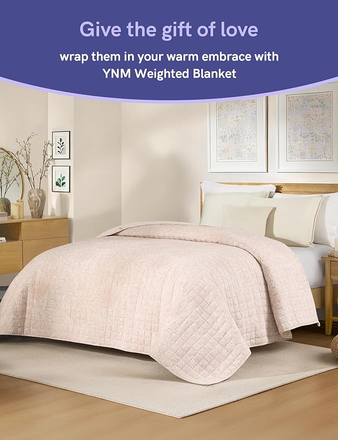 YnM King Size Linen Weighted Blanket for Adults (88x104 Inches, 15 Pounds, Palm Tree), Exclusive Smallest Compartments, Heavy Bed Blanket for Two Persons of 70~140lbs on Queen or King Bed