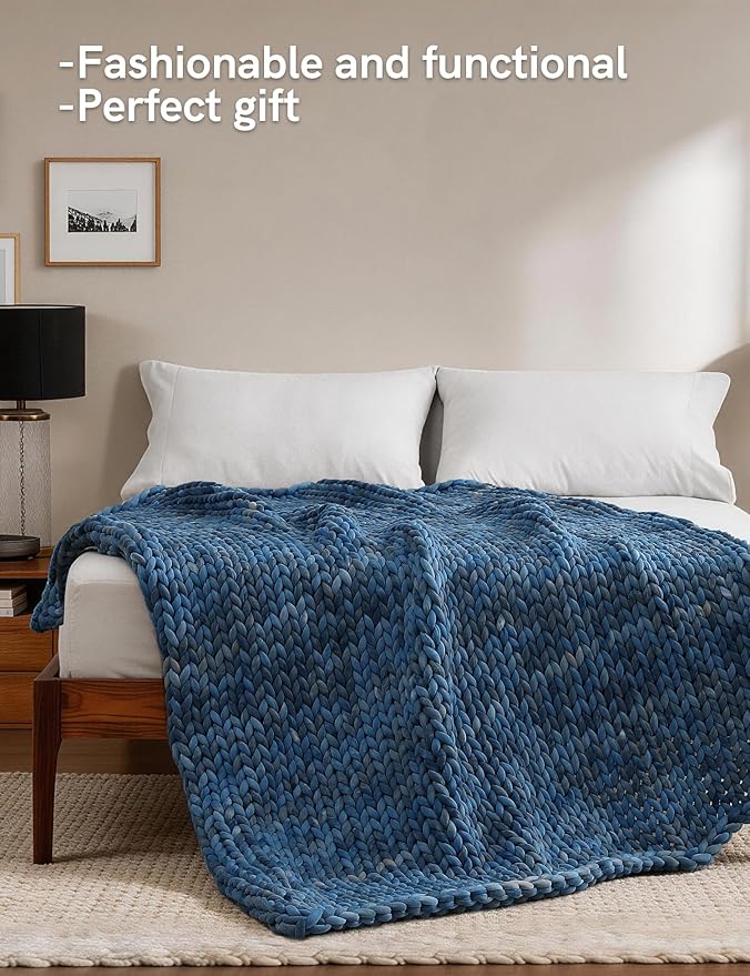 YnM Weighted Blanket, Handmade Chunky Knitted Design, Soft and Cozy, Temperature Regulating and Breathable, Machine Washable Throw for Sleep or Home Decor (Dark Blue Tie-Dyed, 60x80 Inch, 15lbs)