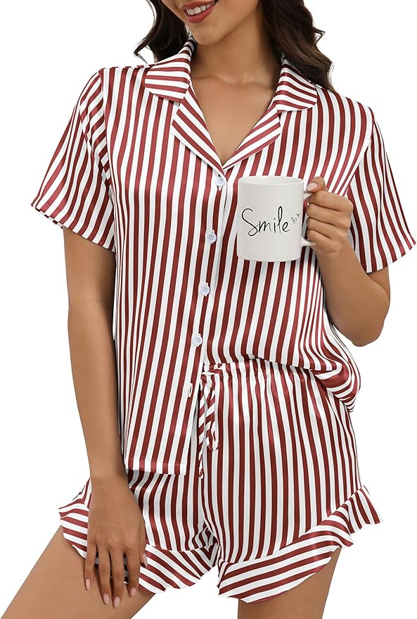 Silk Pajamas for Women Button Down 2 Piece Satin Pjs Shorts Set Ruffle Notch Collar Sleepwear Loungewear