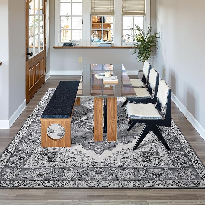 CRYPTOLITE Living Room Rug 7x10, Machine Washable Area Rug Non Slip Low Pile Rug for Living Room, Bedroom, Farmhouse, Dining Room, Grey