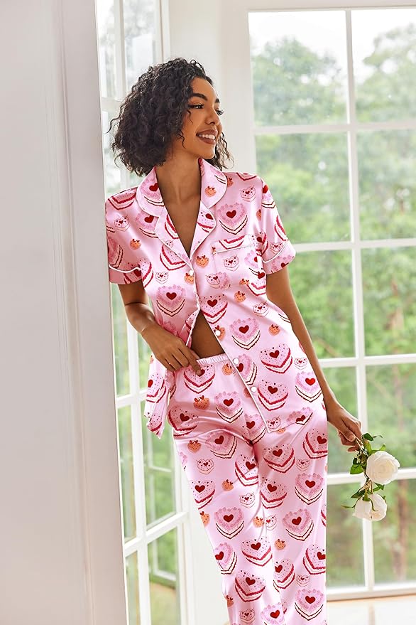 Ekouaer Silk Satin Pajamas Set Women Short Sleeve Sleepwear Soft Button Down Loungewear Pjs Set