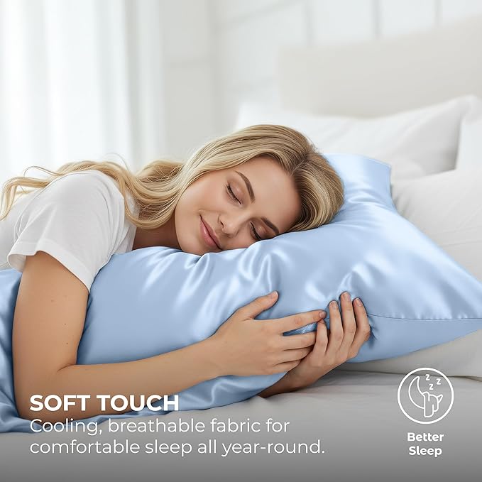 Pure Bedding Satin Pillowcase 2 Pack - Queen Size (20"x30", Baby Blue) - Silky Pillow Cases for Hair and Skin - Satin Pillow Covers with Envelope Closure - Extra Soft Premium Microfiber