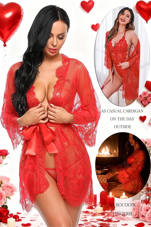 Avidlove Women's Lace Kimono Robe Babydoll Lingerie Mesh Nightgown S-5XL