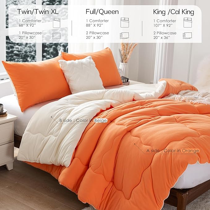 COTTEBED Winter Reversible Softness Burnt Orange and Beige Twin Comforter Set for Girls Kids College Dorm, Warm Thick Breathable Fluffy Cozy Comfy Bedding Down Comforter Christmas, Twin/Twin XL