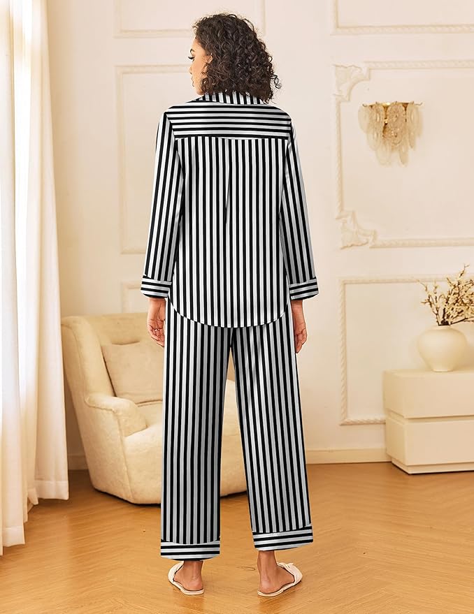 Ekouaer Womens Silk Satin Pajama Sets 2 Piece Sleepwear Pjs Set Long Sleeve Button Down Top and Pants Stripe Loungewear S-XXL