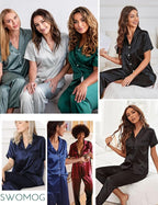 SWOMOG Women Satin Pajamas Set Short Sleeve Top & Pants Sleepwear Silky Button Down Nightwear 2pcs Loungewear Pjs Set