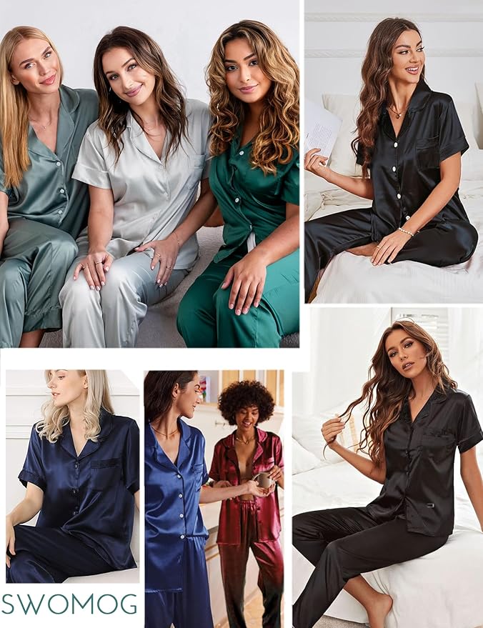SWOMOG Women Satin Pajamas Set Short Sleeve Top & Pants Sleepwear Silky Button Down Nightwear 2pcs Loungewear Pjs Set