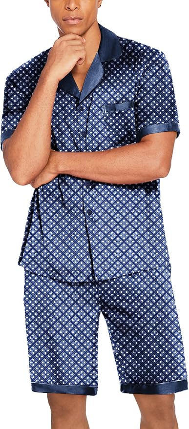 Ekouaer Men Satin Silk Pajamas Set with Pockets Sleepwear Shorts Satin Summer Loungewear 2 Piece Button Down Set S-3XL