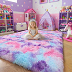 Amdrebio Hot Pink Rainbow Area Rug for Girls Room 4x6, Soft Fluffy Cute Fuzzy Colorful Kids Rugs for Bedroom Nursery Playroom Classroom, Shaggy Floor Princess Carpet for Baby Toddler Teen, Home Decor