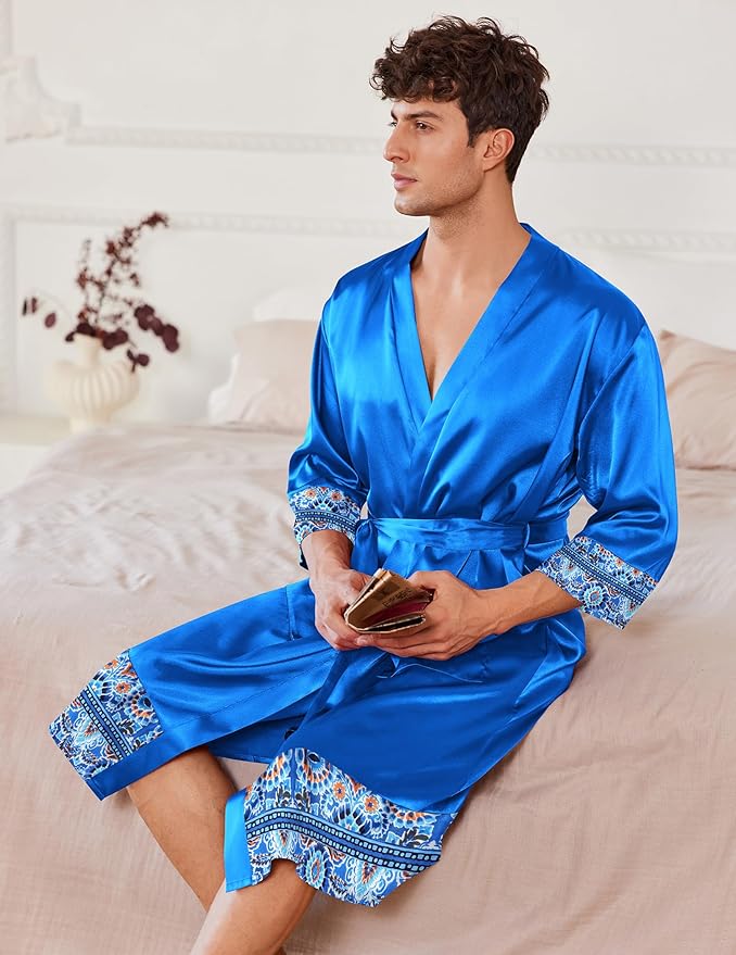 Ekouaer Mens Satin Robe Lightweight Silky Kimono Bathrobe 3/4 Sleeve Spa Knee Length Loungewear with Pockets S-3XL