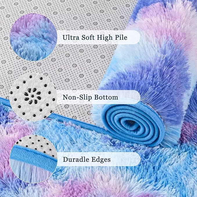 junovo 3x5 Washable Area Rug for Girls Bedroom, Purple Soft Non-Slip Fluffy Bedside Rugs, Shag Plush Memory Foam Carpet for Kids Room Baby Nursery Home Decor Aesthetic