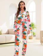 EPLAZA Silk Pajamas for Women Satin Pajamas Set 5 Pcs Long Sleeve Print Pattern Button Down Pjs Sleepwear Loungewear Set