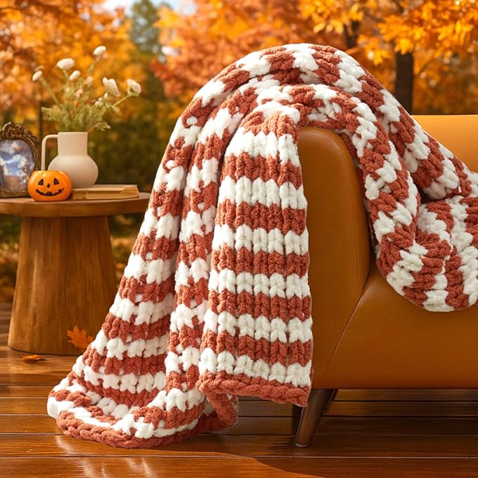 Amélie Home Chunky Knit Throw Blanket for Couch, Soft Chenille Handmade Crochet Throw Rope Knot Blanket for Couch, 50"x60", Burnt Orange & White Striped
