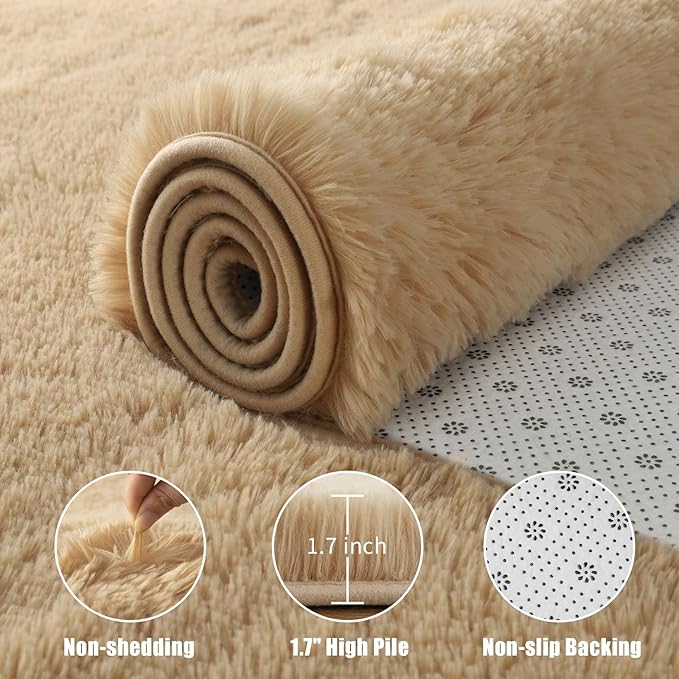 Fluffy Area Rugs for Bedroom Decor Aesthetic, 8x10 Large Beige Shag Rug with Non-Slip Backing for Living Room, Fuzzy Plush Carpet Washable Rug Modern Home Decor for Kids Nursery Boys Room