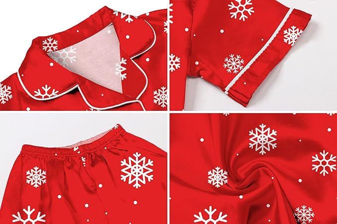 Umeyda Girls Womens Pajamas Set, Satin Silky Button Down Loungewear 2 Piece Short Sleeve Pants PJS Sets for Mommy Kids