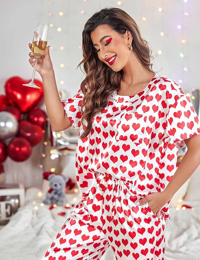 Ekouaer Womens Satin Silky Pajama Set Short Sleeve Shirt with Long Pajama Pant Set Soft PJ Loungewear