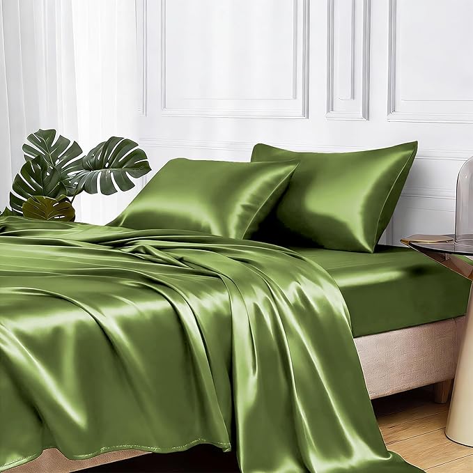 MR&HM Satin Bed Sheets, Twin XL Size Sheets Set, 3 Pcs Silky Bedding Set with 15 Inches Deep Pocket for Mattress (Twin XL, Sage)