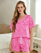 ASTANFY Valentines Day Pajamas Women 2 Piece Silk Valentine Pjs Cute Heart Pajamas V Neck Satin Sleepwear Loungewear Set