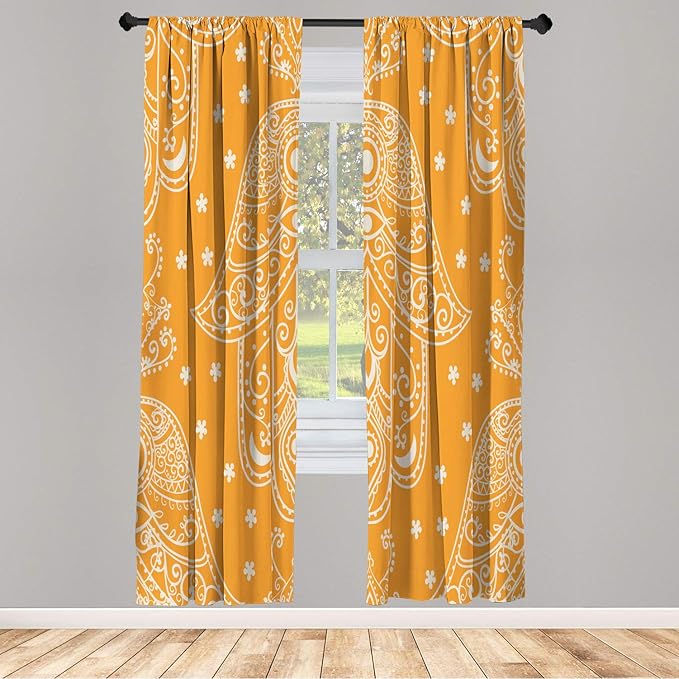 Lunarable Hamsa Window Curtains, Egyptian Boho Hand Shape Pattern Eye Design Bridal Night Inspired Art, Lightweight Decorative 2-Panel Set & Rod Pocket, Pair of - 28" x 95", Marigold White