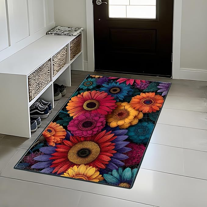 Flower Area Rug 2x3 ft Entry Rug Washable BohemianRugs Non Slip Low Pile Floral Door Mat Small Carpet for Bedroom, Bedside, Kids Room, Office, Dining Room