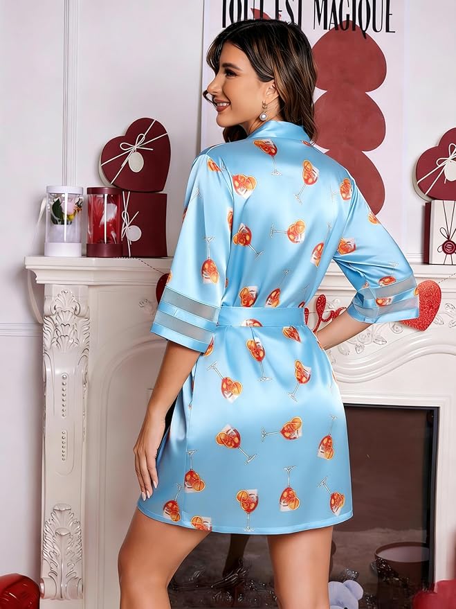Ekouaer Women's Satin Robe Silk Kimono Bathrobe Bridesmaid Wedding Bridal Party Robes 3/4 Bell Sleeve Sleepwear S-XXL