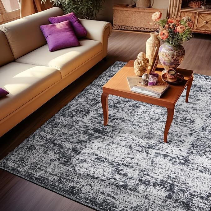 CRYPTOLITE Area Rugs for Living Room, 5x7 Washable Vintage Faux Wool Throw Bedroom Rug, Low Pile & Non-Slip Indoor Floor Carpet for Dining Room, Home Office, Kids Room, Bedside (Dark Grey)