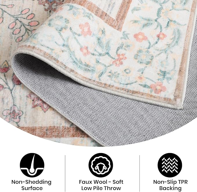 CRYPTOLITE Area Rug for Living Room, 6x9 Machine Washable Non Slip Large Faux Wool Throw Rug, Low Pile & Non-Shedding Boho Large Carpet Rugs for for Dining Room, Bedroom, Office (Pale Yellow)