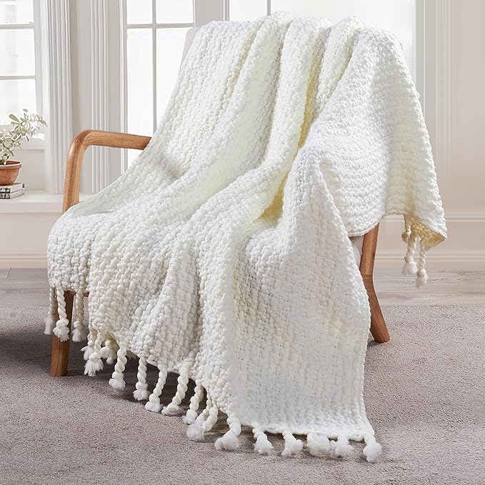 Home Soft Things Basket Weave Throw Blanket, Soft Cozy Warm Blanket with Braided Decorative Throw for Couch Sofa Outdoor Indoor, Antique White, 50''x60