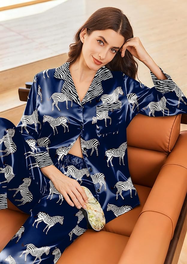 Ekouaer Silk Pajamas for Women Long Sleeve Satin Pajama Set Silky Pj Sets 2 Piece Button Down Loungewear Sleepwear